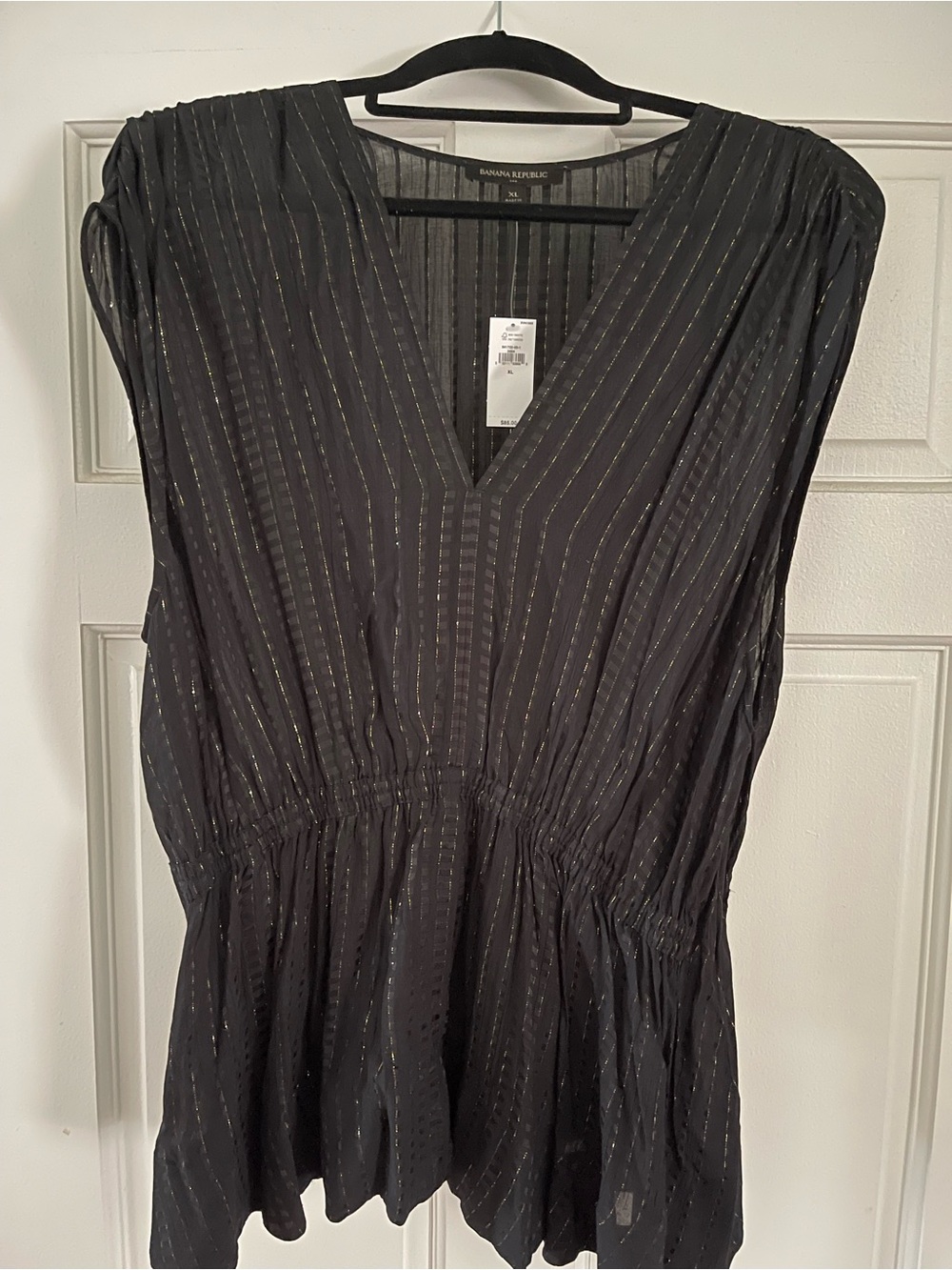 Banana Republic Black V-Neck Metallic-Striped Peplum Top